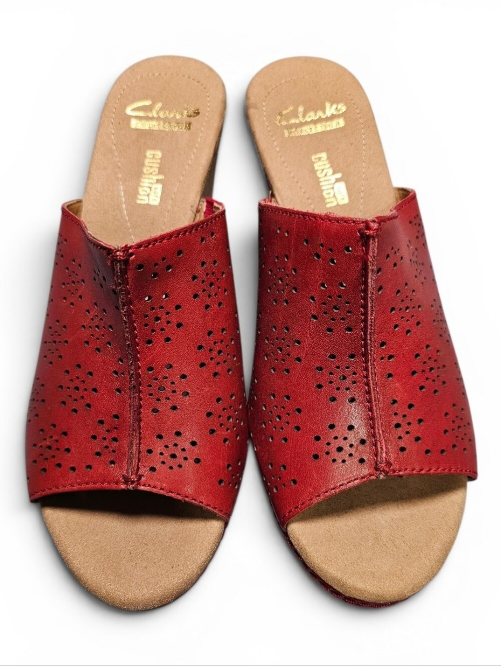 Clarks Red Helio Corridor Perforated Leather Wedge Mule Sandals